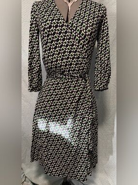 Anne Klein Black Geometric Wrap Dress with Cream & Green Accents